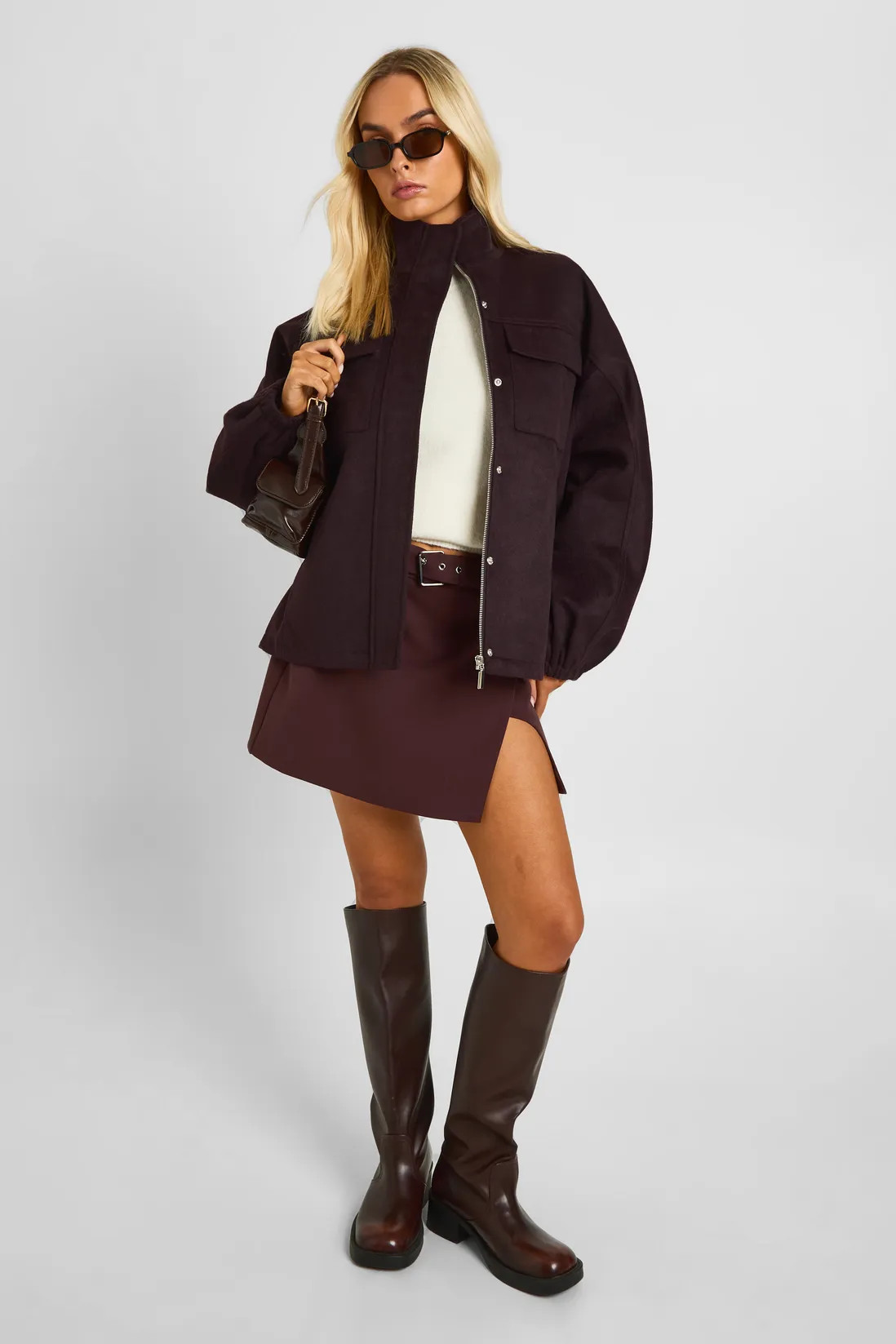 Funnel Neck Wool Look Bomber Jacket | Boohoo.com (UK & IE)