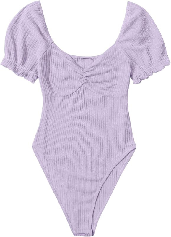 Milumia Women's Puff Sleeve Ruched Bust Sweetheart Neck Ribbed Knit Bodysuit Tops | Amazon (US)