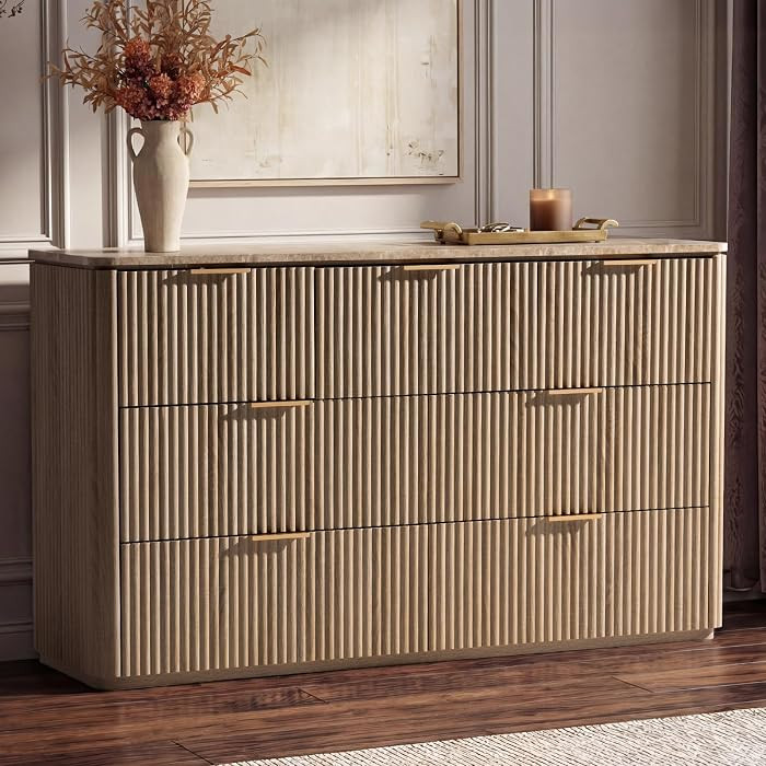 Dresser for Bedroom with 7 Drawers, 54"W Chest of Drawers, Fluted Dresser with Faux Marble Top, C... | Amazon (US)