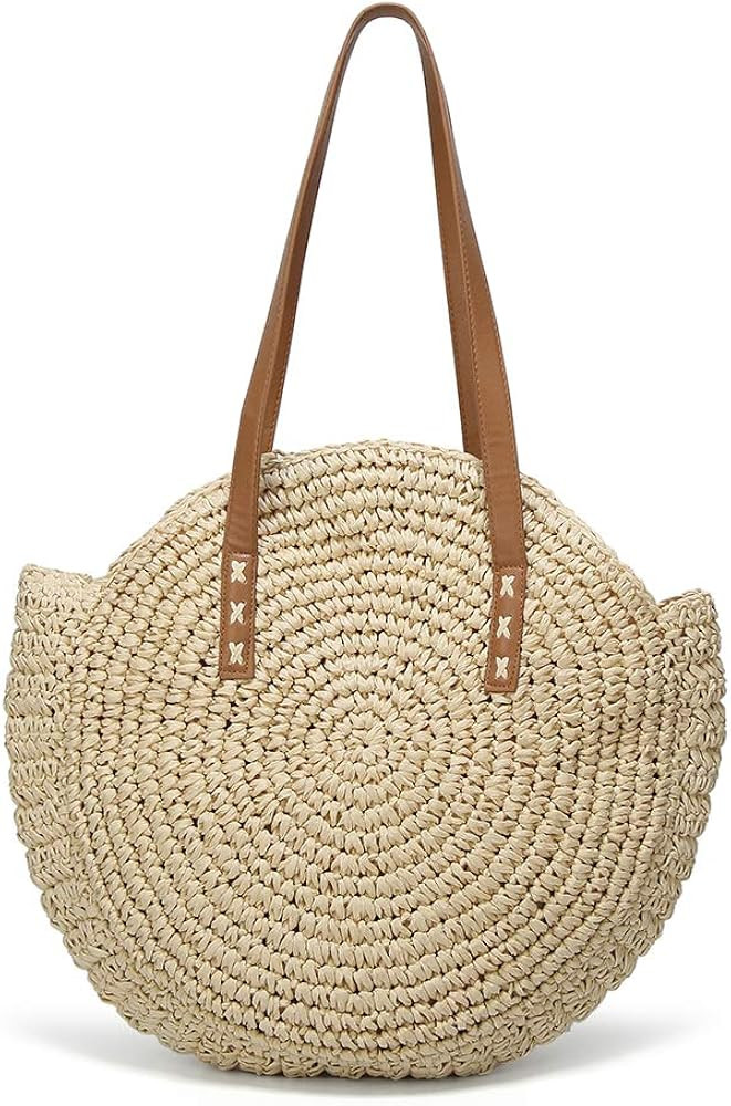 Women's Straw Handbags Large Summer Beach Tote Woven Round Pompom Handle Shoulder Bag | Amazon (US)