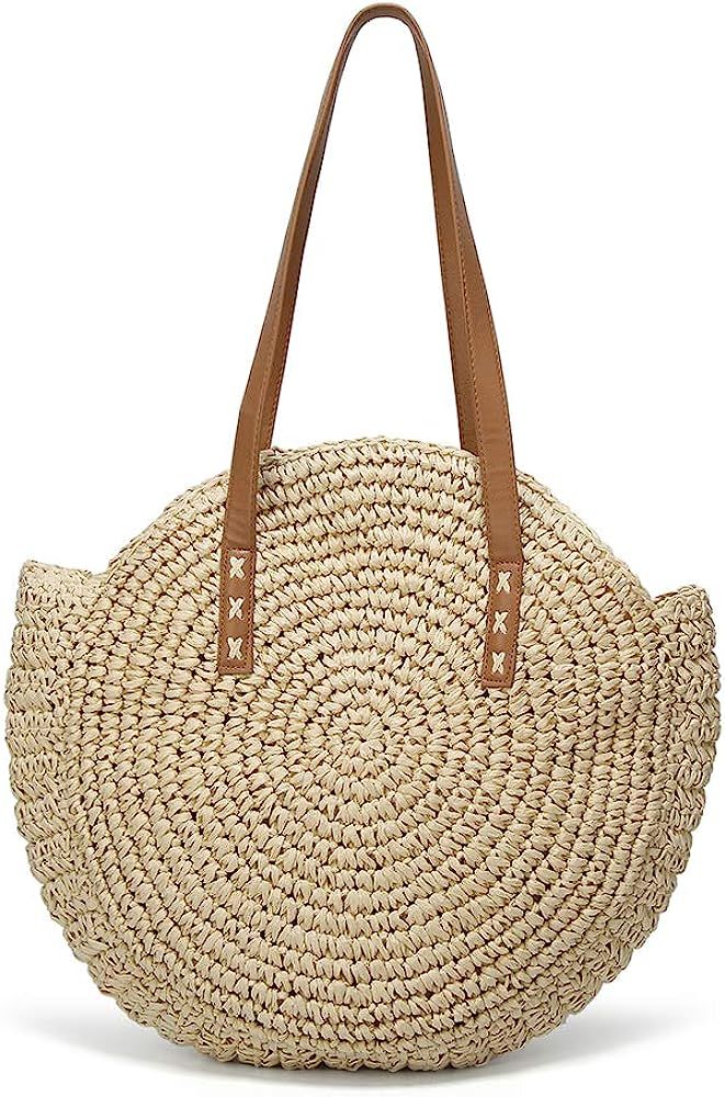 Women's Straw Handbags Large Summer Beach Tote Woven Round Pompom Handle Shoulder Bag | Amazon (US)