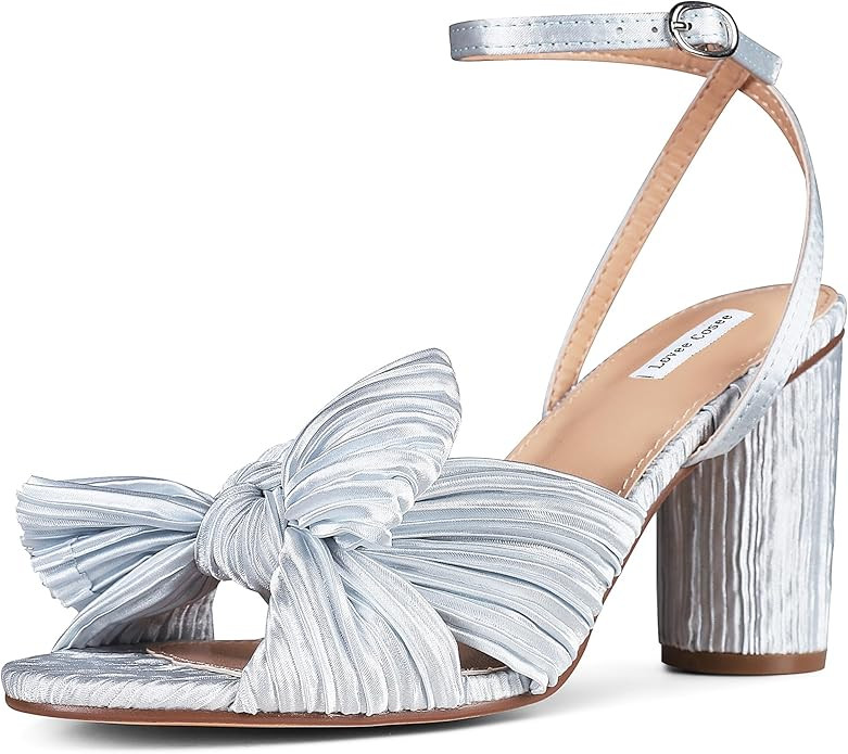Women's Bow Knot Heeled Sandals Pleated Open Toe Ankle Strap Chunky Heels for Bride Wedding | Amazon (US)