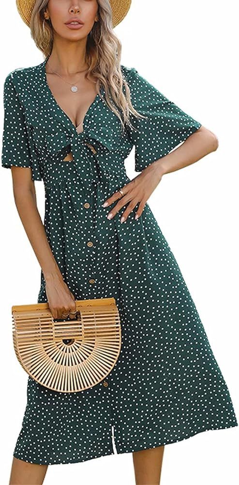 Amazon.com: Harberd Women Dresses Summer Tie Front V-Neck Polka Dot Dress Short Sleeve Button Dow... | Amazon (US)