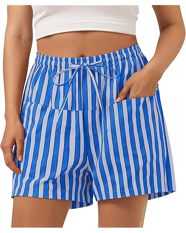 Aoysky Womens Striped Lounge Shorts High Waisted Drawstring Casual Summer Shorts Color Block Beac... | Amazon (US)