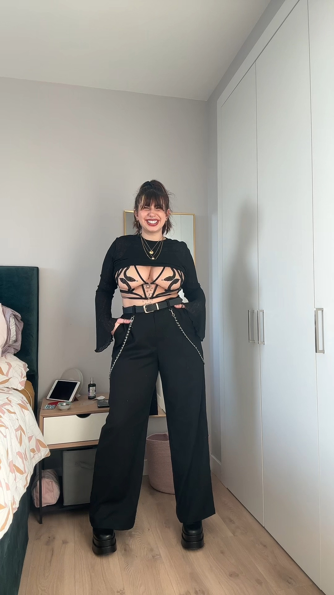 about me: 164cm | UK 14 | 32GG/H

outfit details:
joggers: disturbia ‘ophis snake skeleton print joggers’ [adgifted - 16]
bralette: thistle & spire [L]
nipple covers: amazon [A-C]
long sleeve top: disturbia ‘cassia jersey mesh crop top’ [adgifted - 16]
trousers: disturbia ‘descent chain wide leg trousers’ [14]
jacket: asos [12]
boots: steve madden
similar belt linked

#LTKstyletip #LTKVideo #LTKmidsize