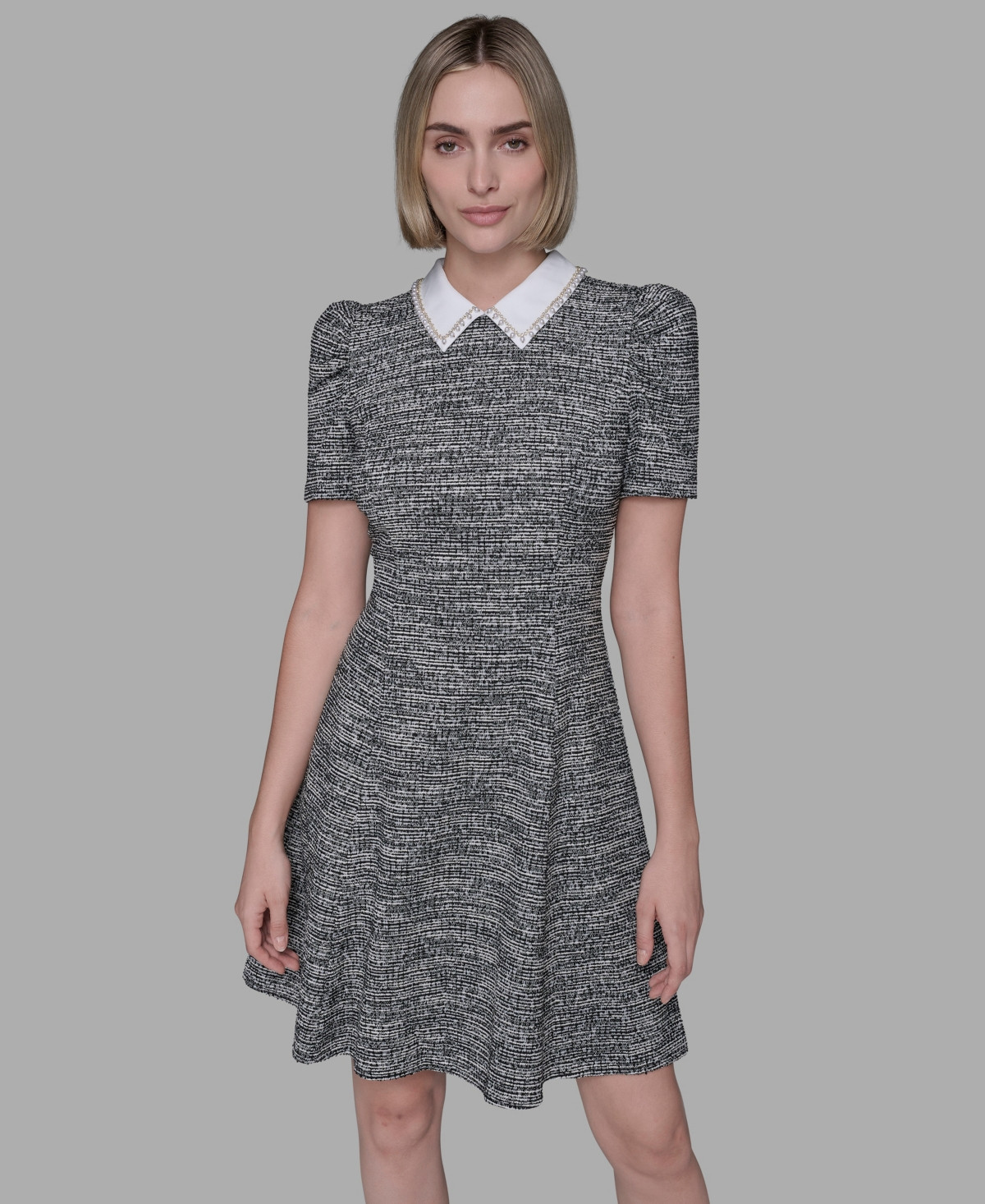 Karl Lagerfeld Paris Women's Collared Tweed A-Line Dress - Soft White/Black | Macy's