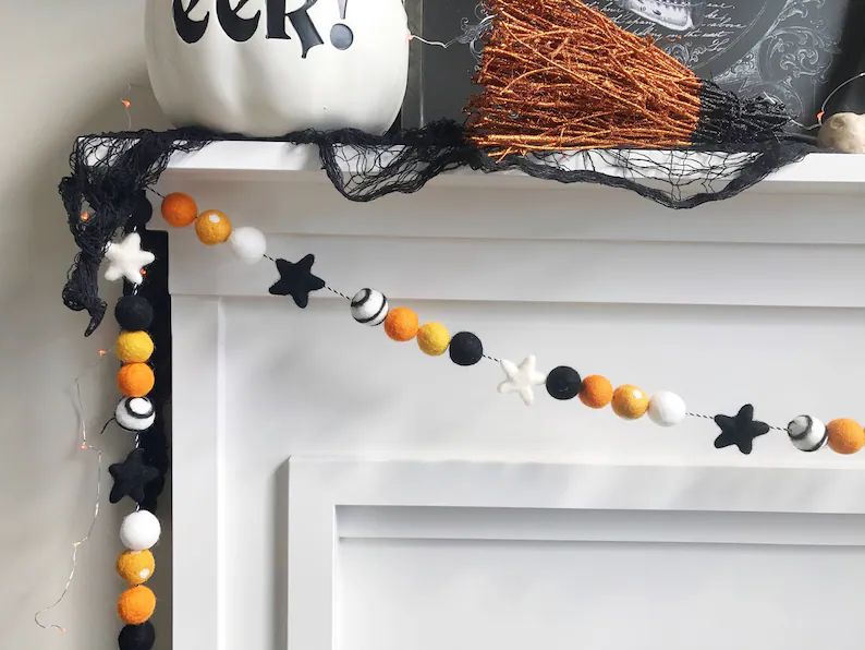 Halloween Star Felt Ball Garland - Black, Ivory, Orange, and Gold - with Swirls and Polka Dots | Etsy (US)