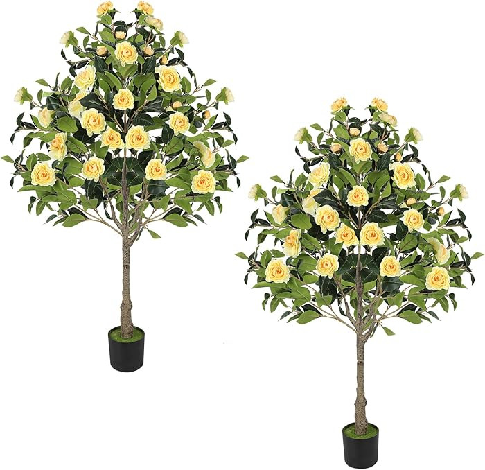 4FT Artificial Camellia Tree 2 Pack 47" Faux Camellia Plant with Black Pot, Realistic Leaves and ... | Amazon (US)