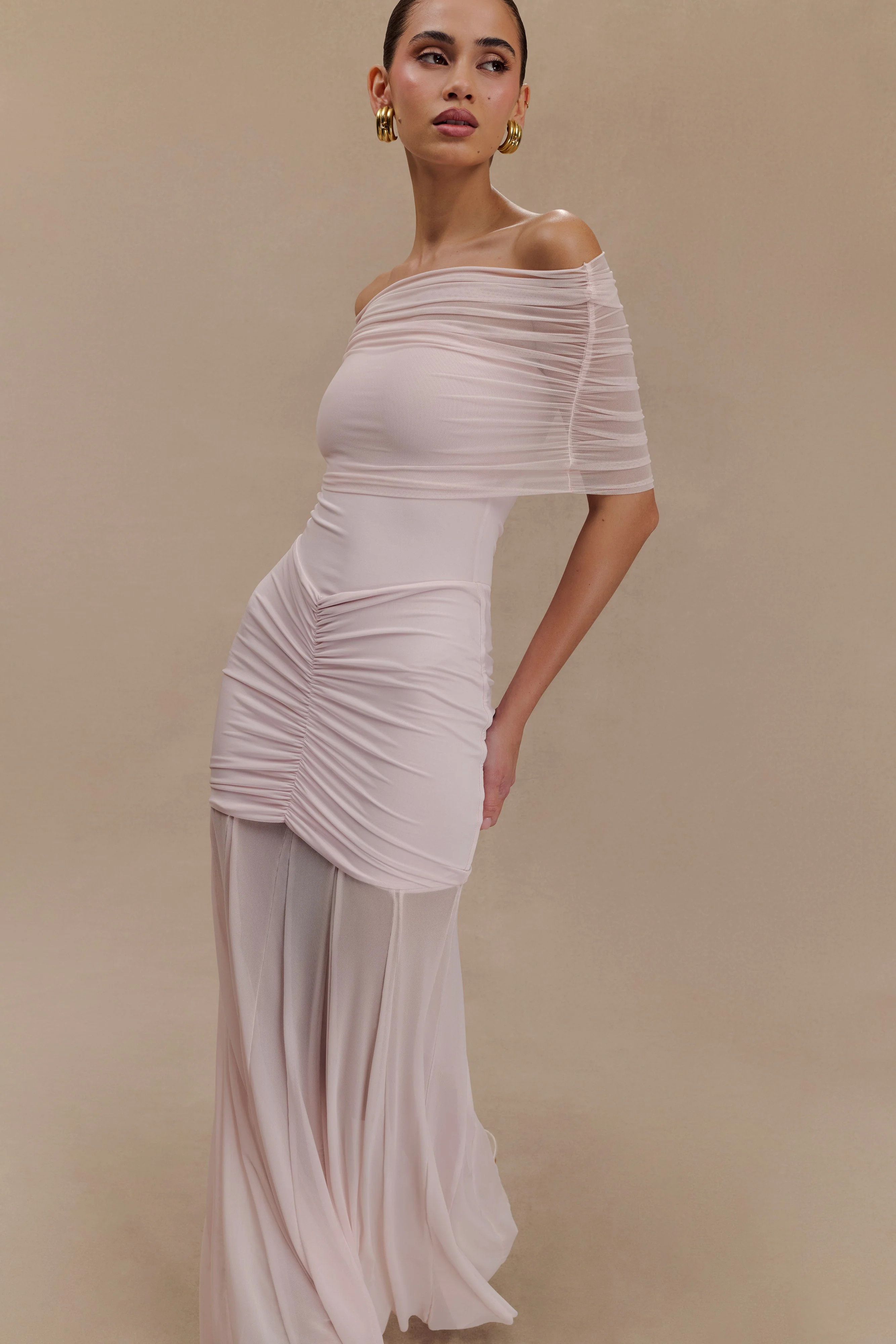Slinky And Mesh Off Shoulder Maxi Dress - Pale Pink | MESHKI US