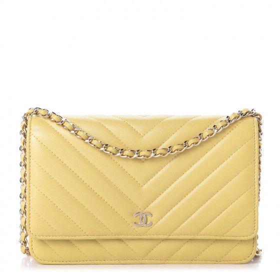CHANEL Lambskin Chevron Quilted Wallet On Chain WOC Yellow | Fashionphile