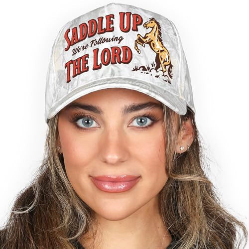 Saddle Up We're Following The Lord Horse Hat | Premium Adjustable Christian Snapback Baseball Trucker Hats for Men & Women (US, Alpha, One Size, White Tree Camo) | Amazon (US)
