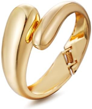 Golden Polished Chunky Twisted Hinged Waterdrop Bangle Bracelet for Women Spiraled Oval Bangle Br... | Amazon (US)