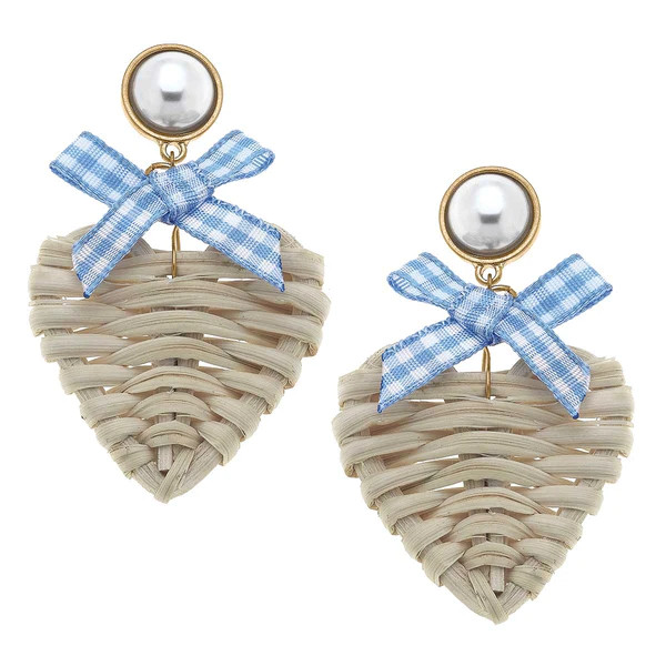 Piper Rattan & Gingham Heart Drop Earrings in Blue | CANVAS