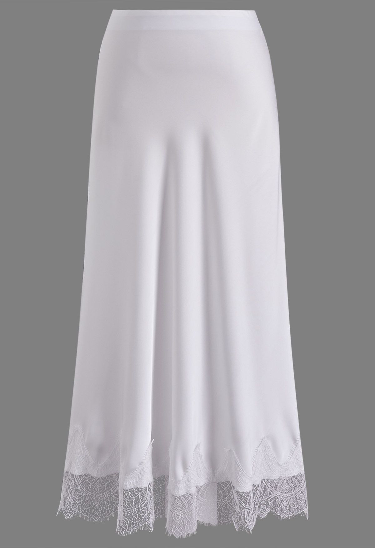 Silky Scalloped Lace Trim Satin Maxi Skirt in White for Office Styling & Weekend Outings | Chicwish