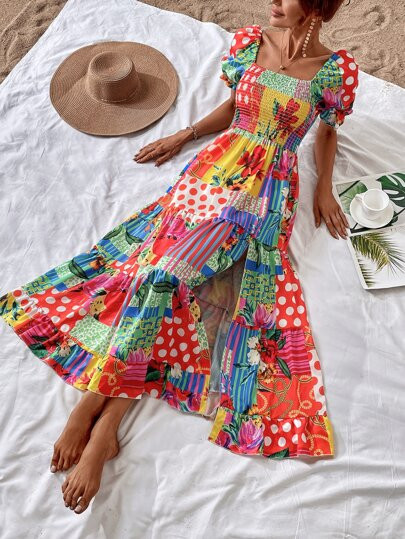 Random Patchwork Print Shirred Puff Sleeve Split Thigh Dress | SHEIN