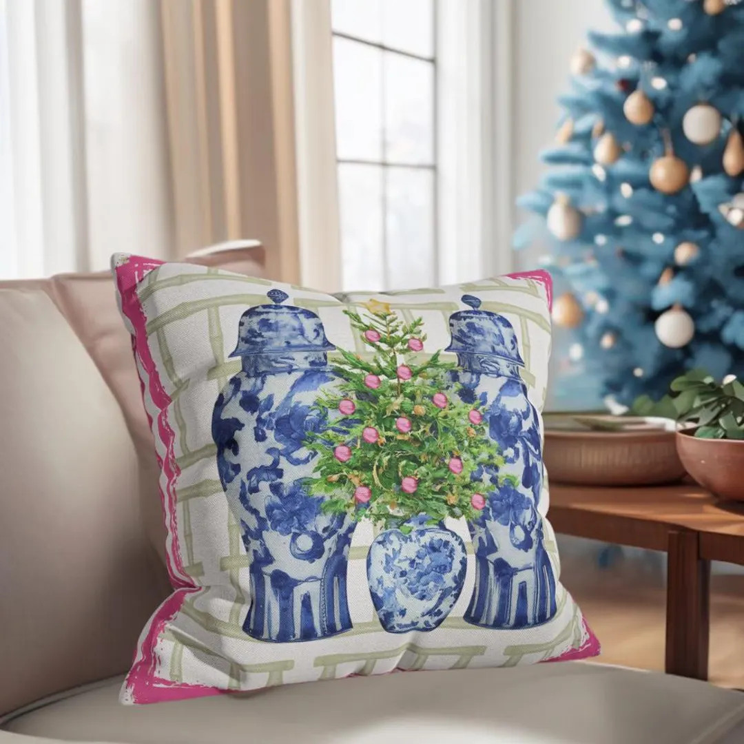 Christmas tree in chinoiserie ginger jar vase with bamboo lattice, watercolor grandmillenial styl... | Etsy (US)