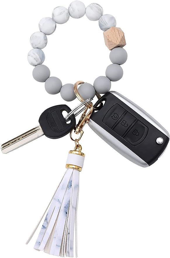 Silicone Beaded Bracelet Keychain Wristlet Key Ring Bangle Chains for Women with Leather Tassel | Amazon (US)