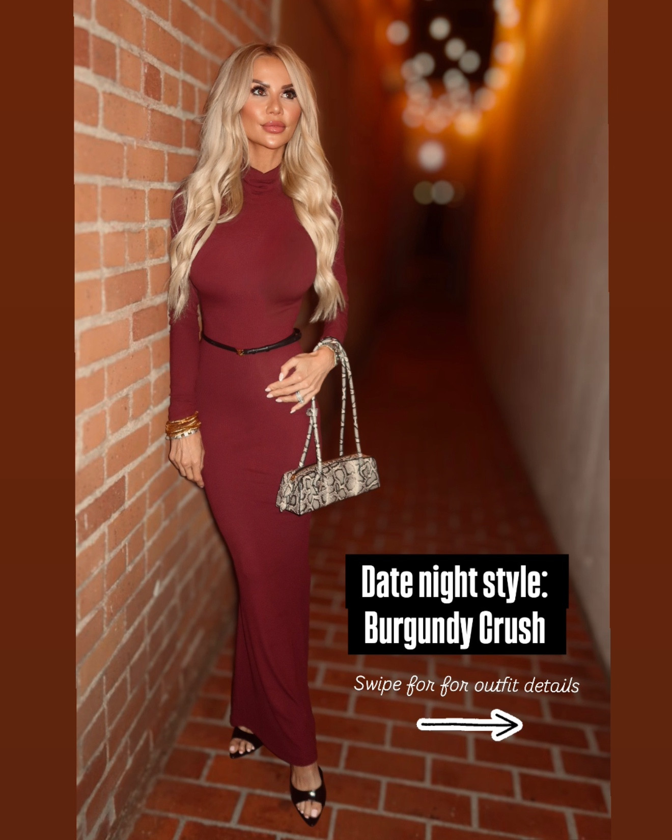 Date night style: locking in the look with this Favorite Daughter burgundy dress and bold accessories—swipe for details! ➡️