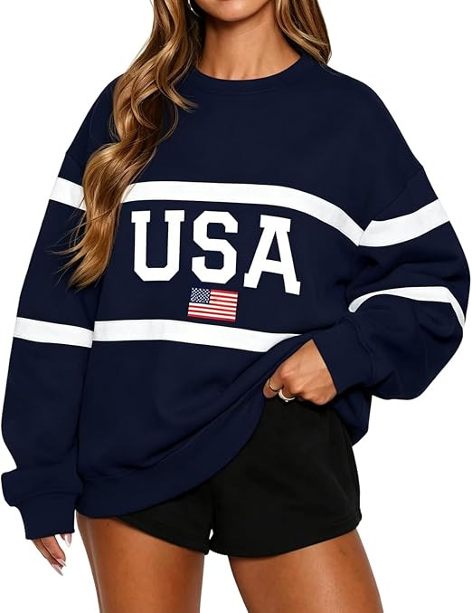 LEEDYA Womens USA Sweatshirt Crewneck American Flag Sweater Oversized Long Sleeve Pullover Tops 4... | Amazon (US)