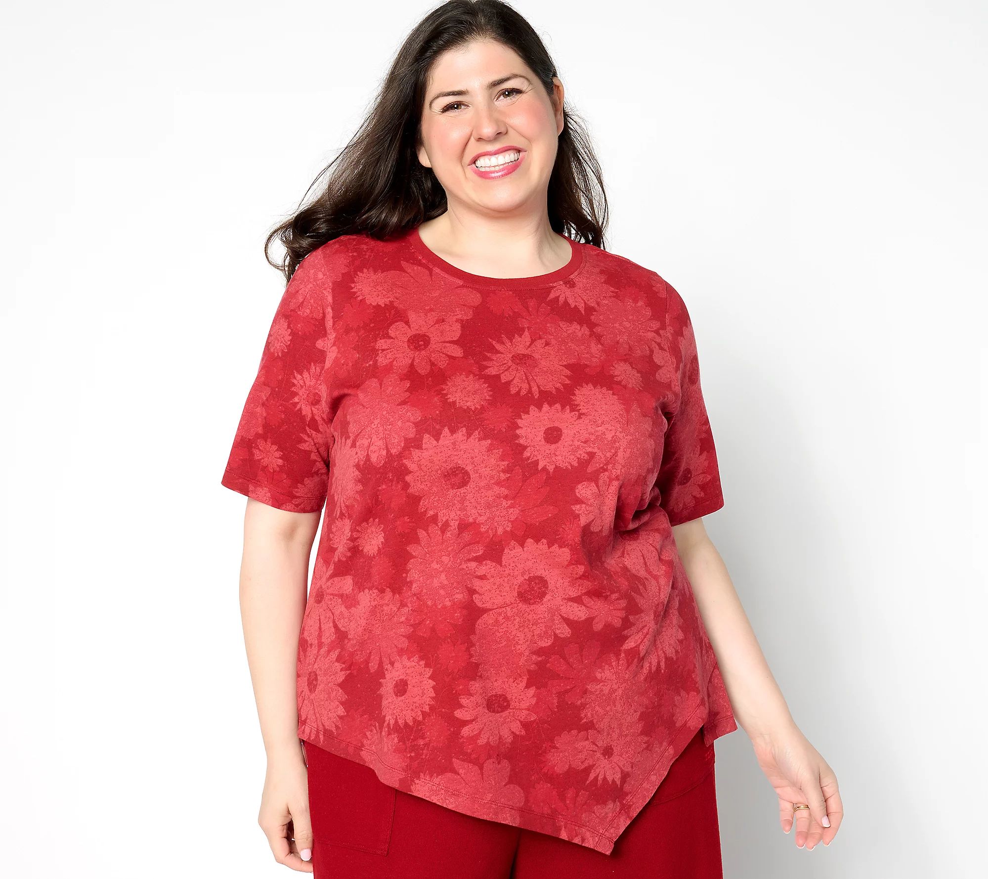 Peace Love World Sueded Crew Neck Elbow Sleeve Asymmetric Top | QVC