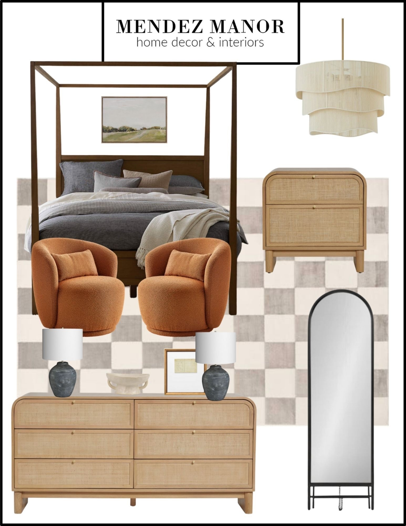 Bedroom with checkered area rug in gray and white. 6 drawer dresser with nightstand and poster bed. 

#bedroomdecor #homedecor #lighting 

#LTKCyberWeek #LTKHome #LTKSaleAlert