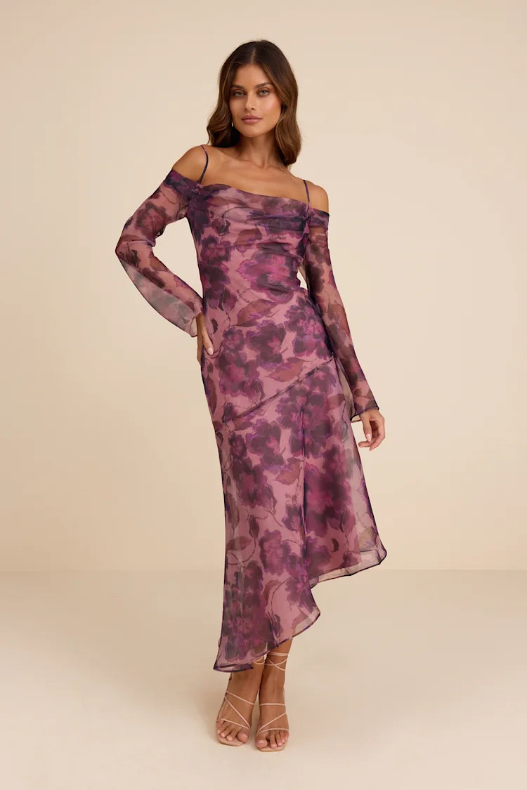 Pia Mauve Purple Floral Asymmetrical Midi Dress | Lulus