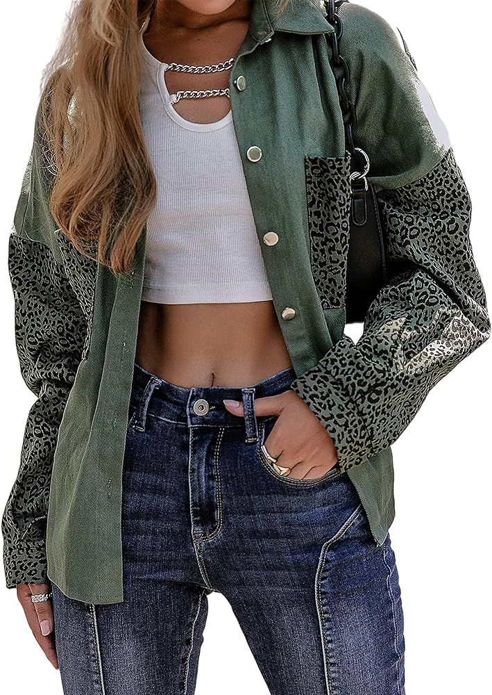 BerryGo Women's Oversized Leopard Vintage Denim Jacket Long Sleeve Button Down Bomber Coat | Amazon (US)