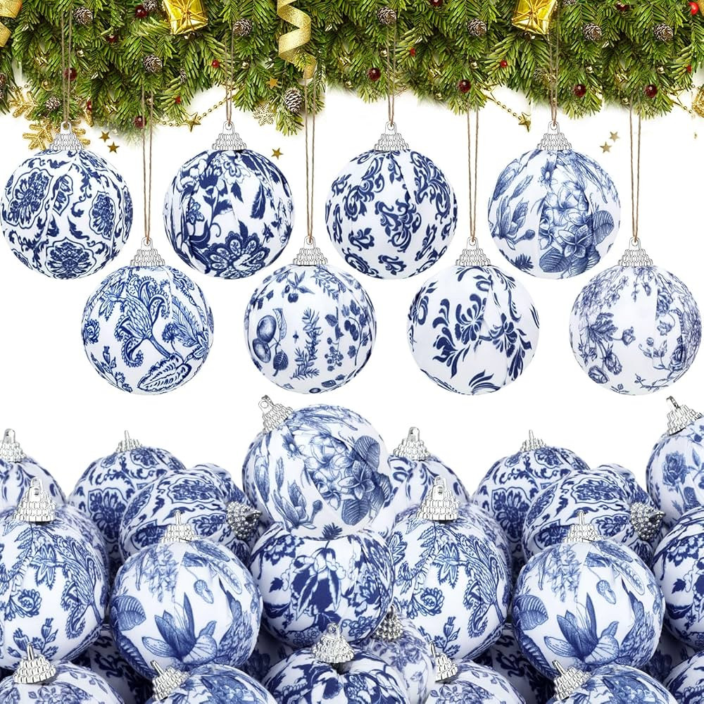 Liliful 24 Pieces White and Blue Christmas Chinoiserie Ornaments Ball Fabric Wrapped Hanging Chri... | Amazon (US)