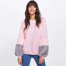 Drop Shoulder Contrast Faux Fur Sleeve Sweatshirt | SHEIN
