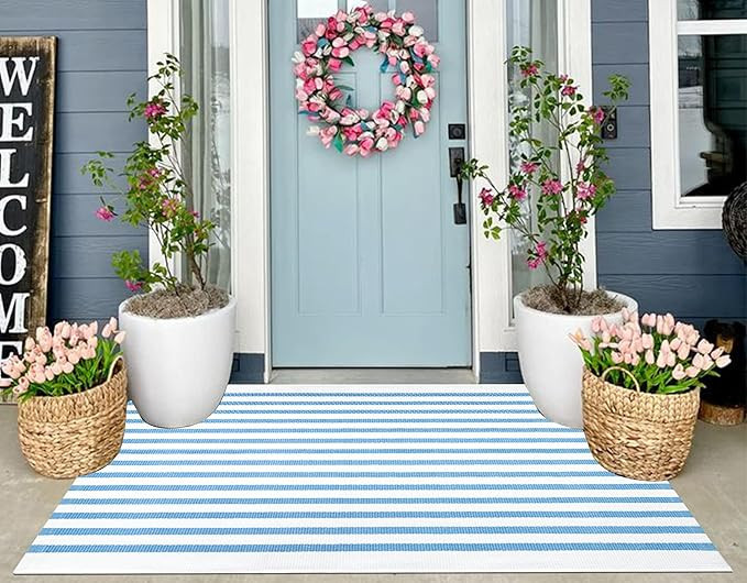 Light Blue and White Outdoor Rug 3'x5',Machine Washable Striped Porch Rug Cotton Woven Farmhouse ... | Amazon (US)