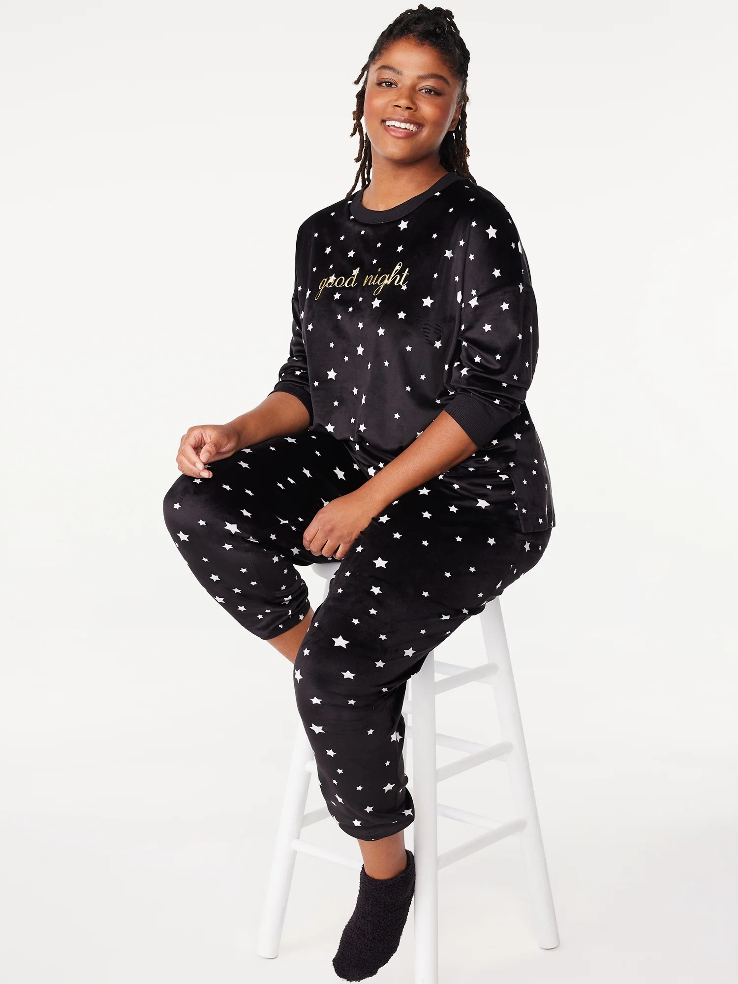 Joyspun Women's Embroidered Stretch Velour Top and Joggers Pajama Set with Socks, 3-Piece, Sizes ... | Walmart (US)