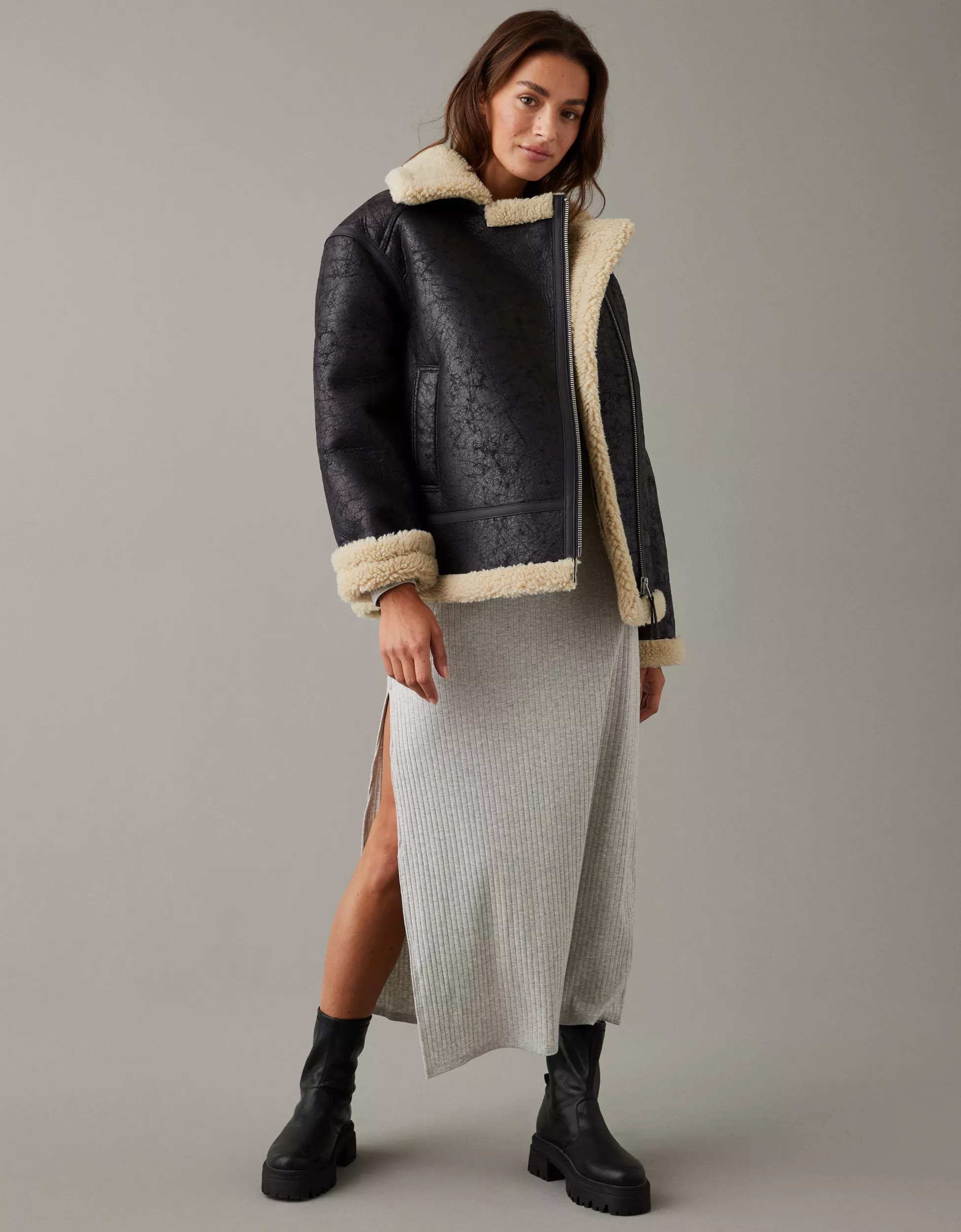 AE Oversized Vegan Shearling Moto Jacket | American Eagle Outfitters (US & CA)