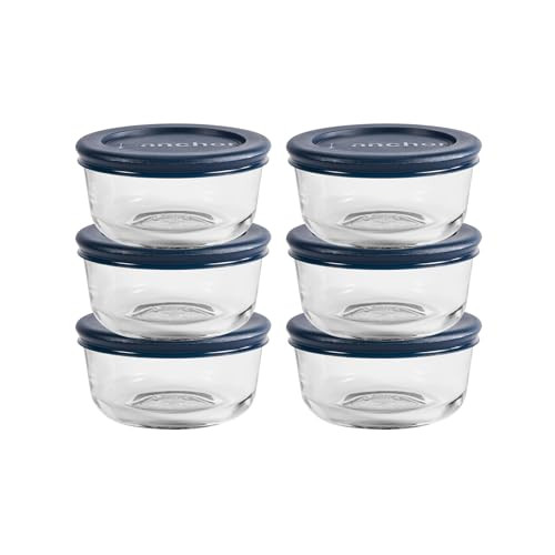 Anchor Hocking 1 Cup Glass Storage Containers with Lids, Set of 6 Glass Food Storage Containers with Navy Blue SnugFit Lids | Amazon (US)