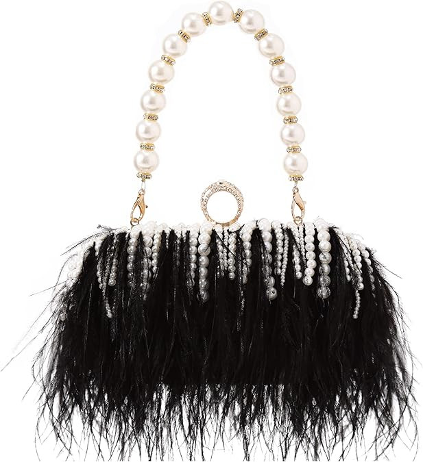 Women Real Natural Ostrich Feather Evening Bags Purses Clutch Vintage Banquet Handbag | Amazon (US)