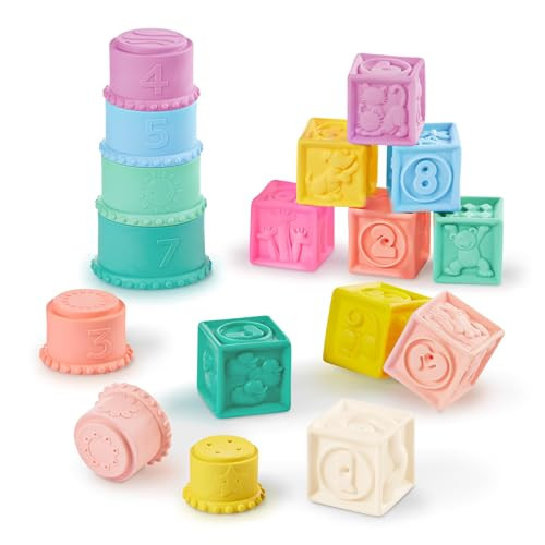 B. toys – Sensory Baby Toys – Soft Baby Blocks – Stacking Drip Cups – Numbers, Shapes & Animals – 6+ Months – Stackin' Squishies | Amazon (US)