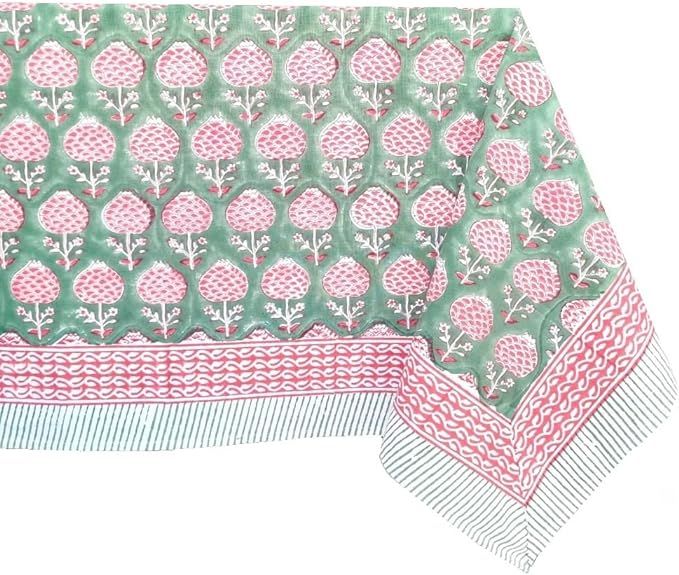 ATOSII Roma Green 100% Cotton Rectangle Fall Tablecloth, Handblock Floral Linen Table Cloth for K... | Amazon (US)