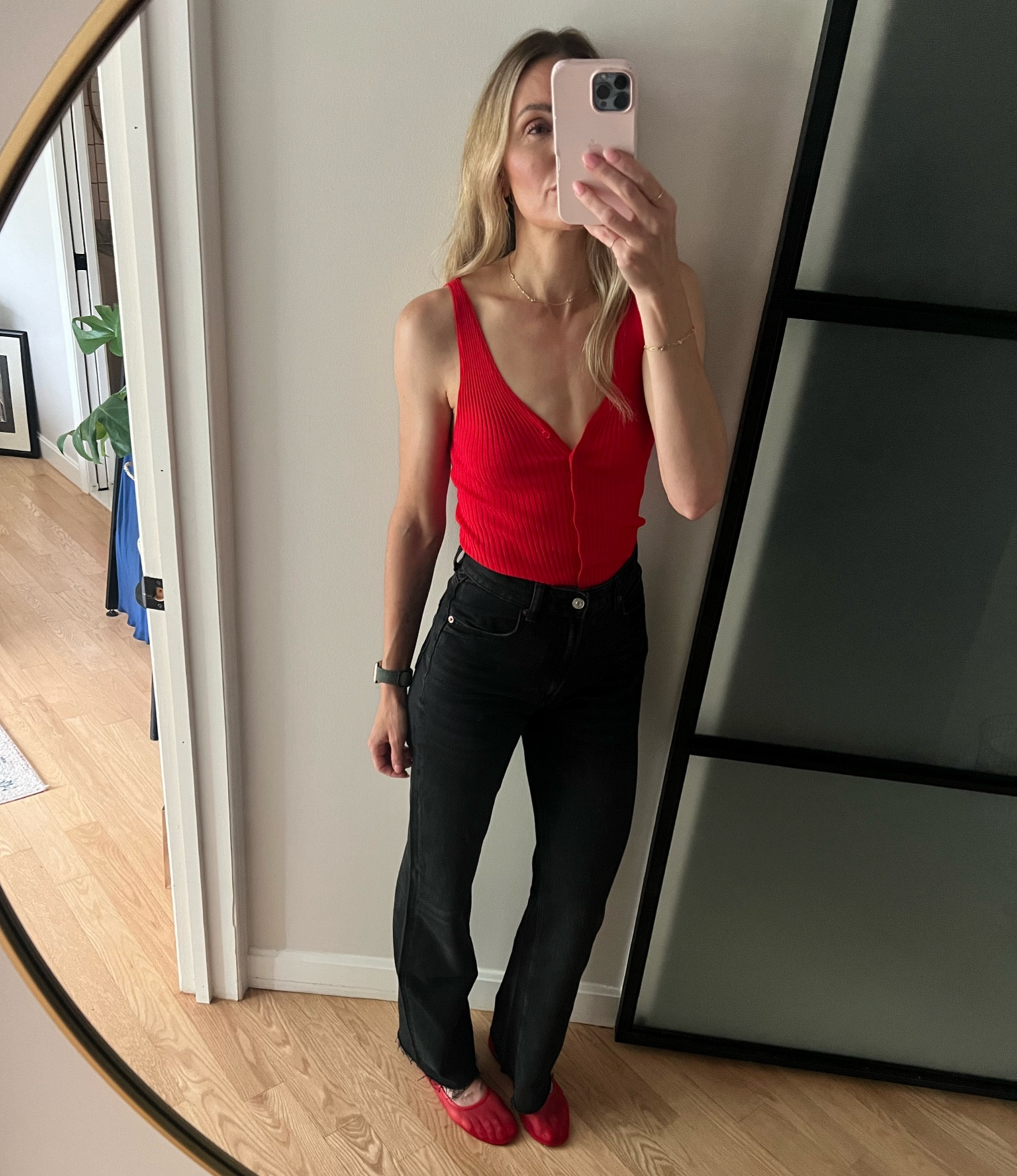 Mango luxe ribbed top and my favorite red shoes 🫶🏻 Half size down in the shoes. Zara jeans, similar linked. S in top. 

#LTKShoeCrush #LTKOver40 #LTKFindsUnder50