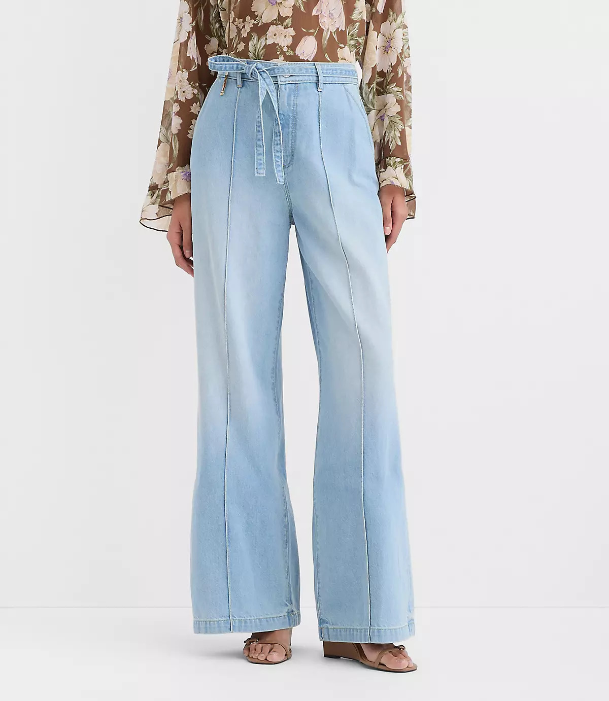 Tie Waist High Rise Palazzo Jeans in Light Wash | LOFT
