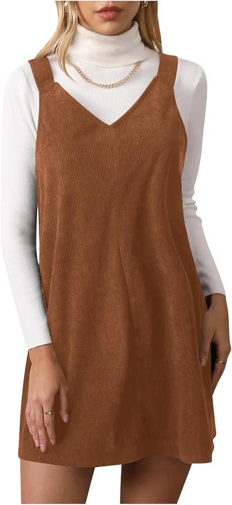 Milumia Women V Neck Corduroy Pinafore Overall Mini Dress Jumper Dress | Amazon (US)