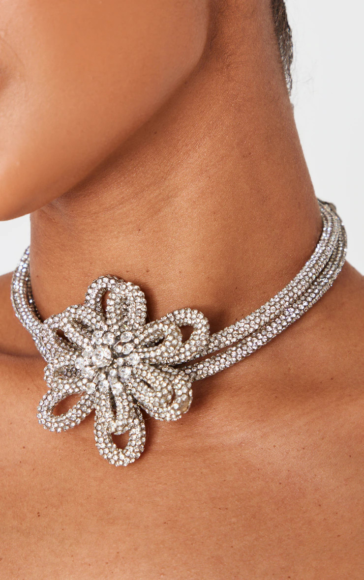 Silver Flower Diamante Statement Choker | PrettyLittleThing US