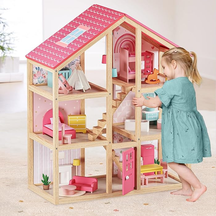 Tiny Land Wooden Dollhouse for Girls - 6 Rooms Wooden Doll House, DIY Pretend Doll House with 31P... | Amazon (US)