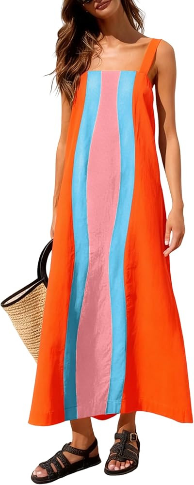 Yidarer 2026 Women's Summer Boho Maxi Dress Color Block Adjustable Straps Beach Sundress Casual V... | Amazon (US)