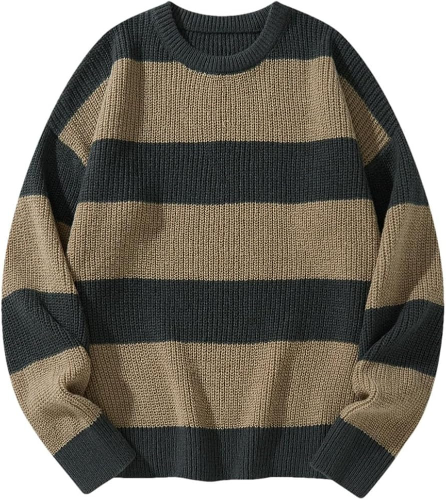 Men's Casual Loose Crew Neck Striped Versatile Pullover Sweaters | Amazon (US)