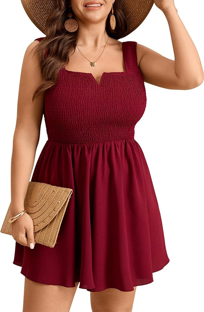 SHESTARR Women Plus Size Rompers Summer Casual Smocked Square Neck Loose Shorts Jumpsuit Beach Bo... | Amazon (US)