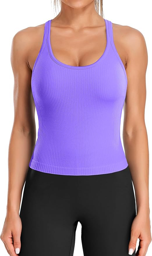 ATTRACO Women Ribbed Workout Crop Tops with Built in Bra Yoga Racerback Tank Top Tight Fit | Amazon (US)