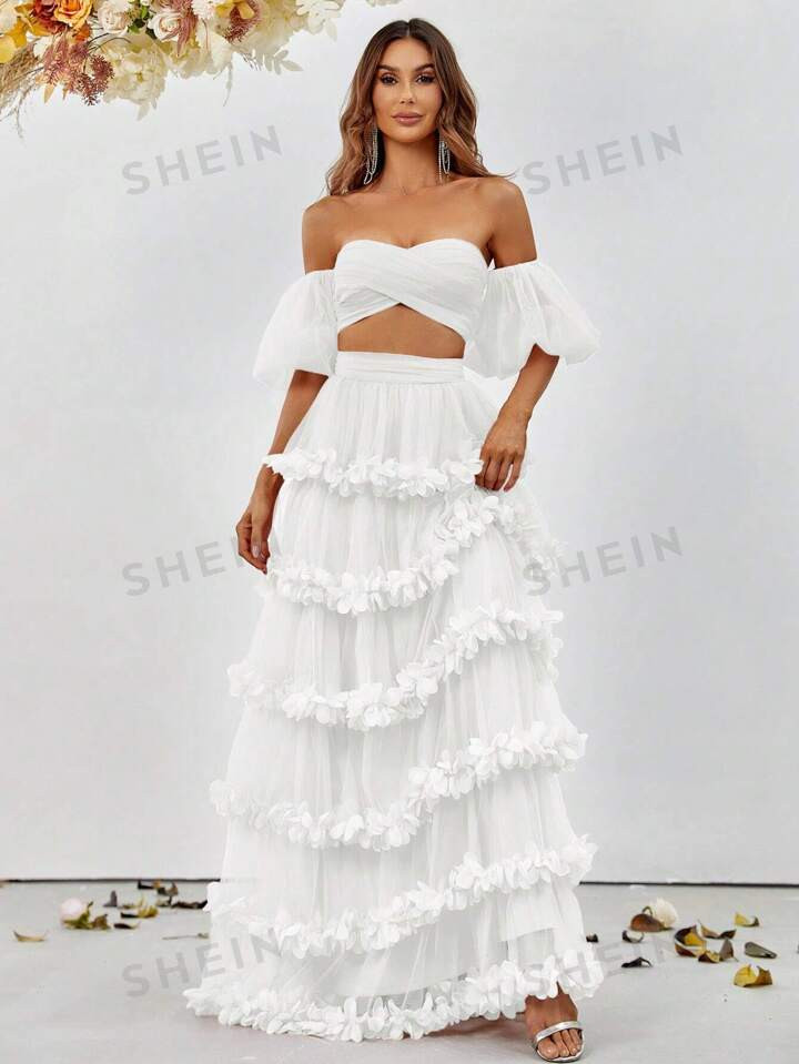 Off Shoulder Puff Sleeve Crop Top & Floral Appliques Skirt | SHEIN