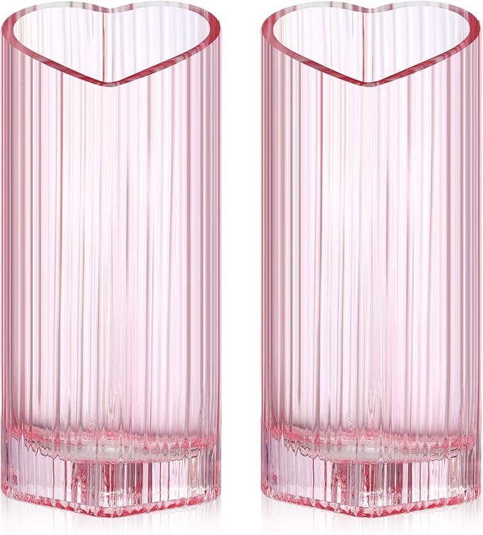Layhit 2 Pcs Valentine's Day Heart Shaped Pink Flower Vase, 10.6'' Tall Pink Glass Heart Vase Dec... | Amazon (US)