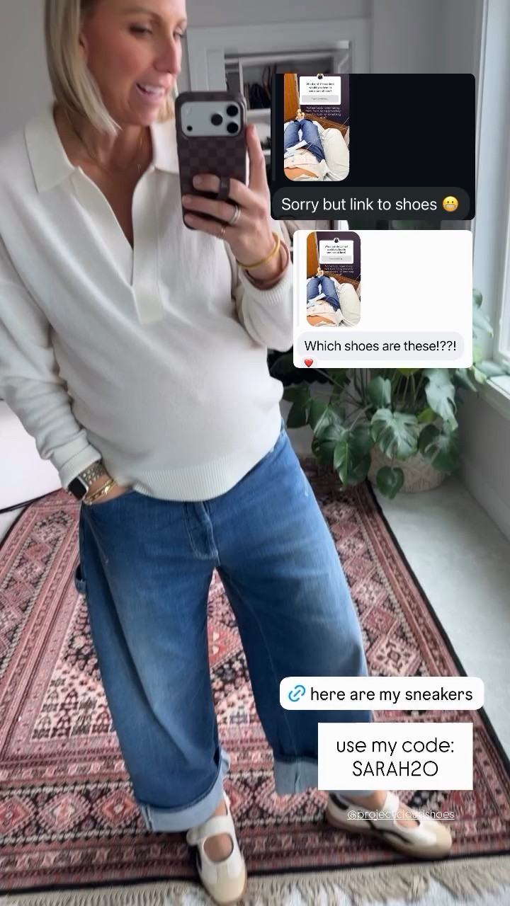 The real life mom outfit I’m wearing today! Got lots of Q’s on IG about these comfy jeans + cashmere polo. 

Wearing a size 31 tall in the jeans + large sweater (I’m 35 weeks pregnant & 5’10” for height reference) 🥰

use my code:
SARAH20 for the sneakers.

#LTKdayinmylife #LTKmomlife #LTKOver40
