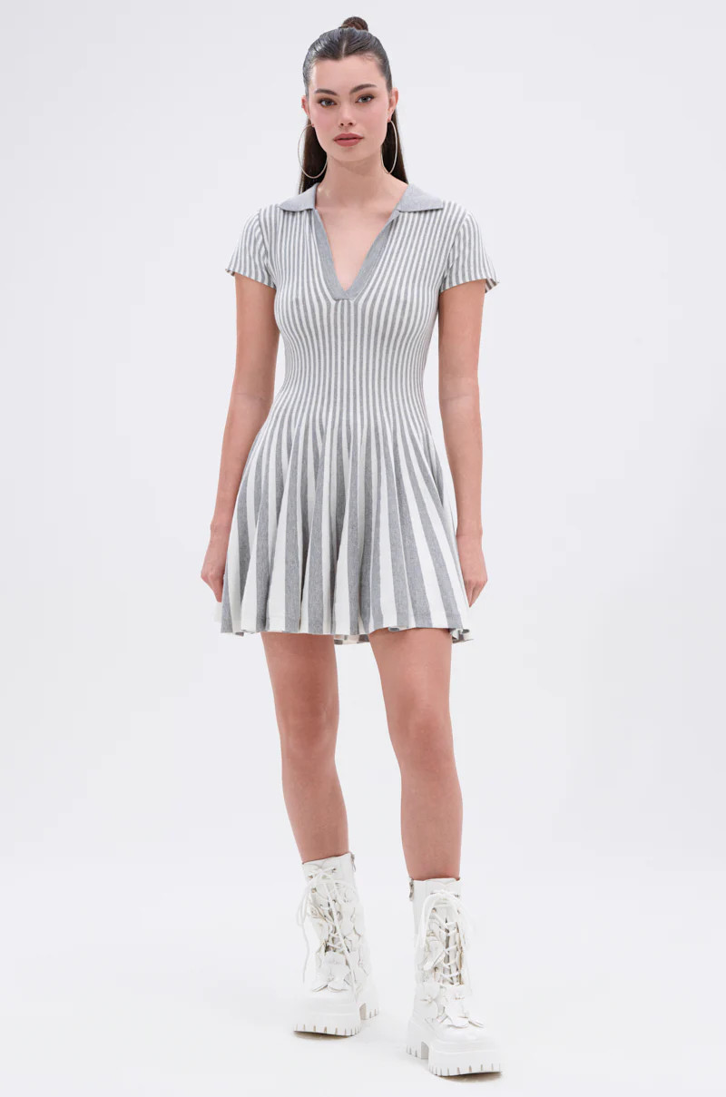 ALINA PLEATED KNIT FIT AND FLARE MINI DRESS | AKIRA