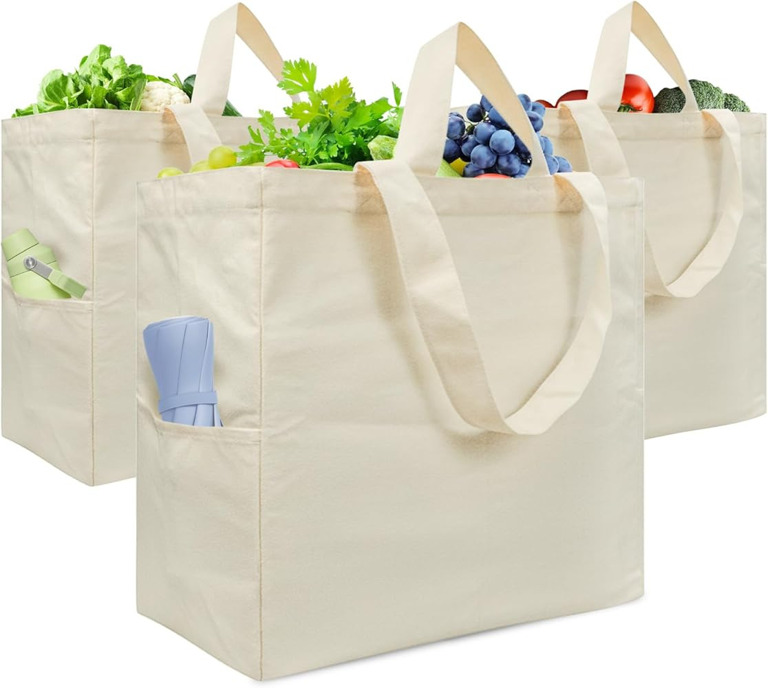 Canvas Tote Bag, Heavy Duty Reusable Grocery Bags with Pockets, Large Shopping Bags (3 Pack) | Amazon (US)